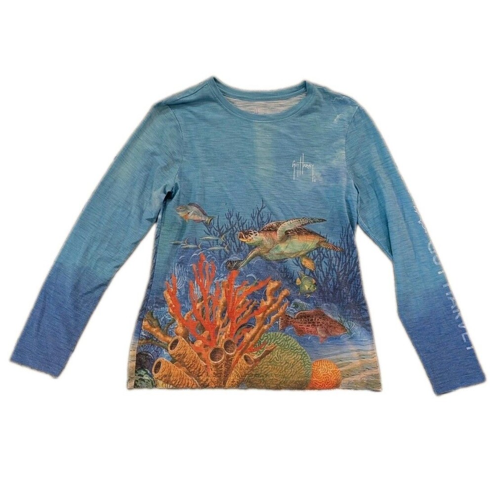 Guy Harvey Sea Turtle Coral Reef Long Sleeve Shirt Mens M Blue Fishing Ocean